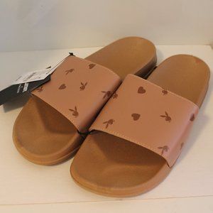 NEW WITH TAG FAUX LEATHER PLAYBOY SLIDES WITH BUNNY & HEART DETAILS IN CAMEL